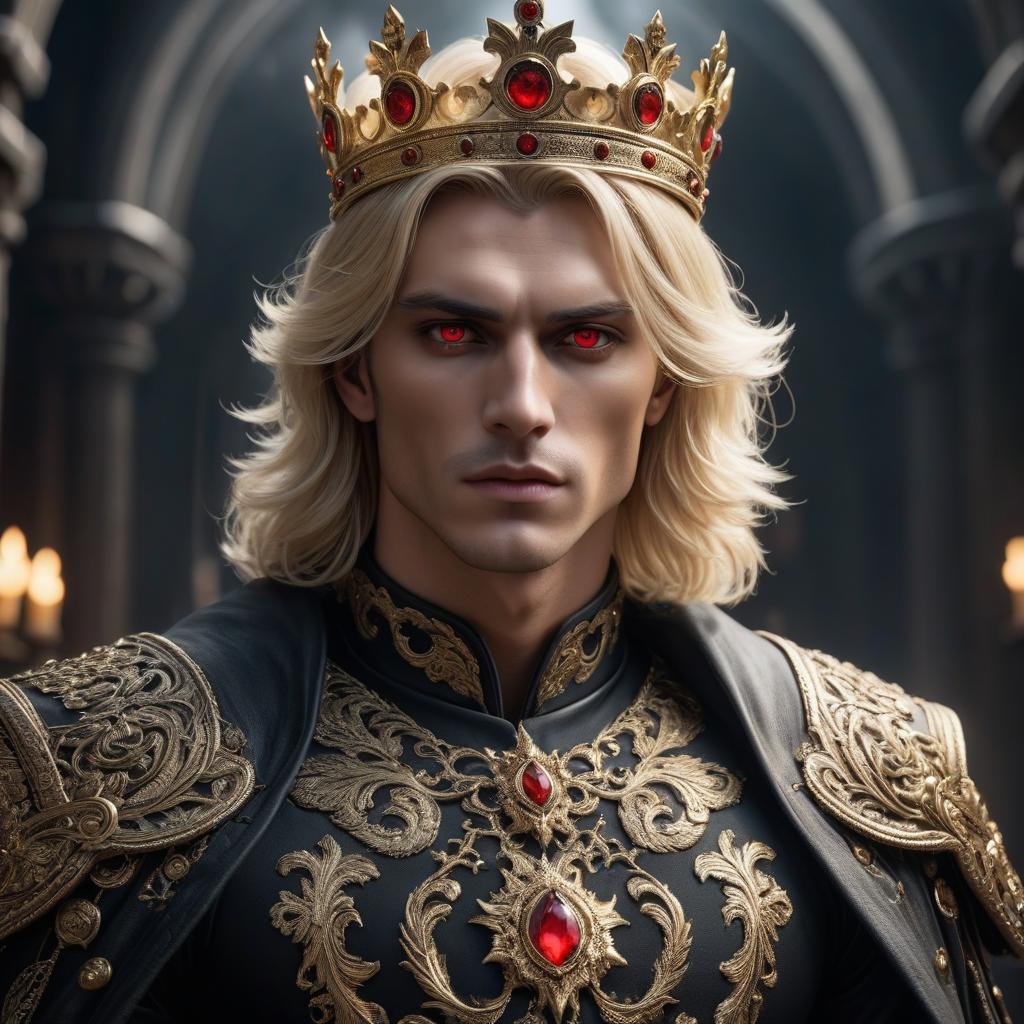  young king of darkness, fair skinned, blond, red eyes, crown on head hyperrealistic, full body, detailed clothing, highly detailed, cinematic lighting, stunningly beautiful, intricate, sharp focus, f/1. 8, 85mm, (centered image composition), (professionally color graded), ((bright soft diffused light)), volumetric fog, trending on instagram, trending on tumblr, HDR 4K, 8K