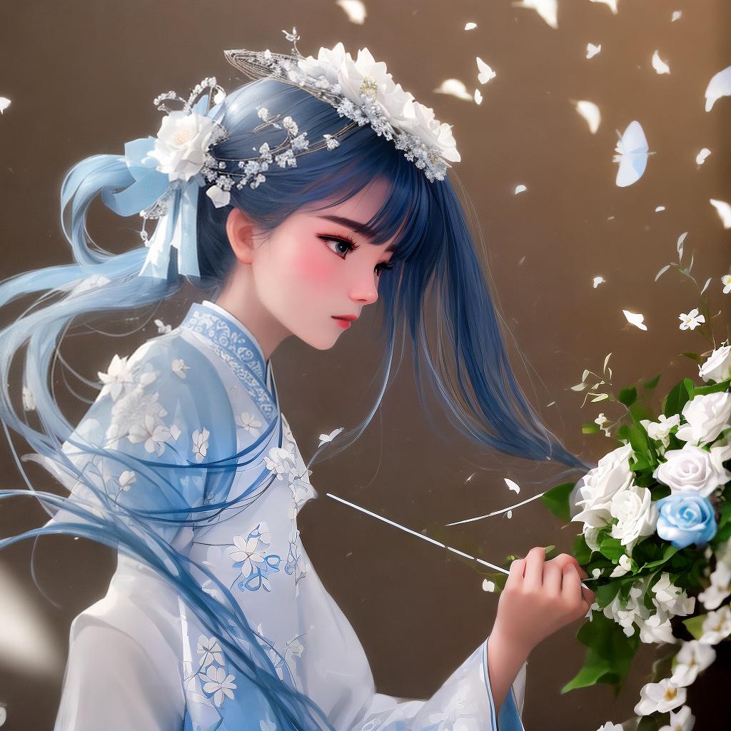  masterpiece, best quality, (fidelity:1.4), best quality, masterpiece, super high resolution, poster, dream art, very detailed face, 8k resolution, chinese wedding dress, a , side profile, quiet, light blue hanfu, tulle, long hair, light blue tels hair accessory, hair clip, white ribbon, white flower bush, light blue erfly fly, movie lighting effect