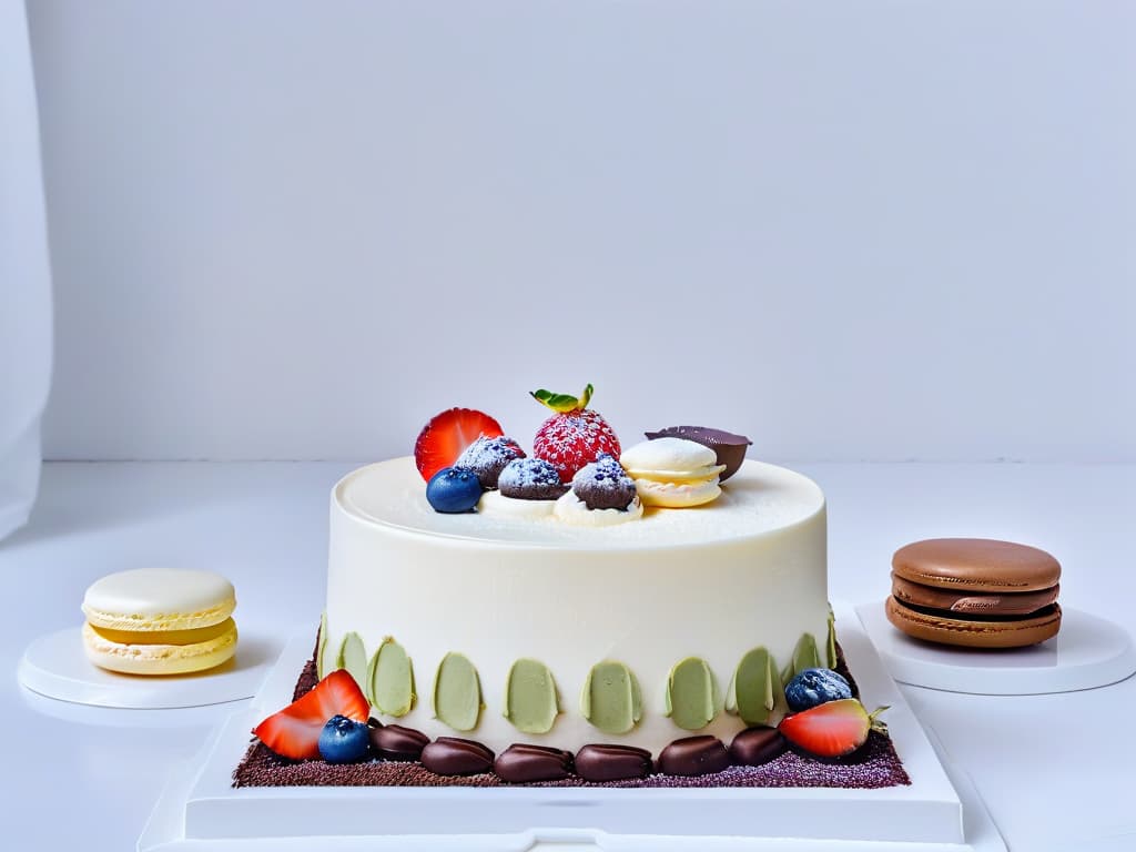  A visually striking, minimalist image featuring an array of elegant and intricately designed desserts displayed on a pristine white marble table. The desserts include delicate pastries, colorful macarons, artisan chocolates, and ornate cakes adorned with fresh flowers. The soft, natural lighting highlights the textures and vibrant colors of the desserts, creating a visually appealing and appetizing scene that embodies the sophistication and creativity of modern dessert trends in 2023. hyperrealistic, full body, detailed clothing, highly detailed, cinematic lighting, stunningly beautiful, intricate, sharp focus, f/1. 8, 85mm, (centered image composition), (professionally color graded), ((bright soft diffused light)), volumetric fog, trending on instagram, trending on tumblr, HDR 4K, 8K