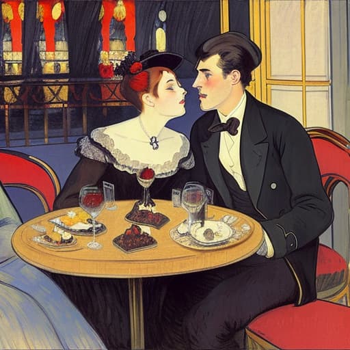  attractive young Parisian couple dressed in modern designer outfits who are romantically together in Paris. Foreground a small plate of fine dark chocolates on a small wooden table. Background dusk with a light of the inside the Moulin Rouge during a show. Painting style of Henri de Toulouse-Lautrec