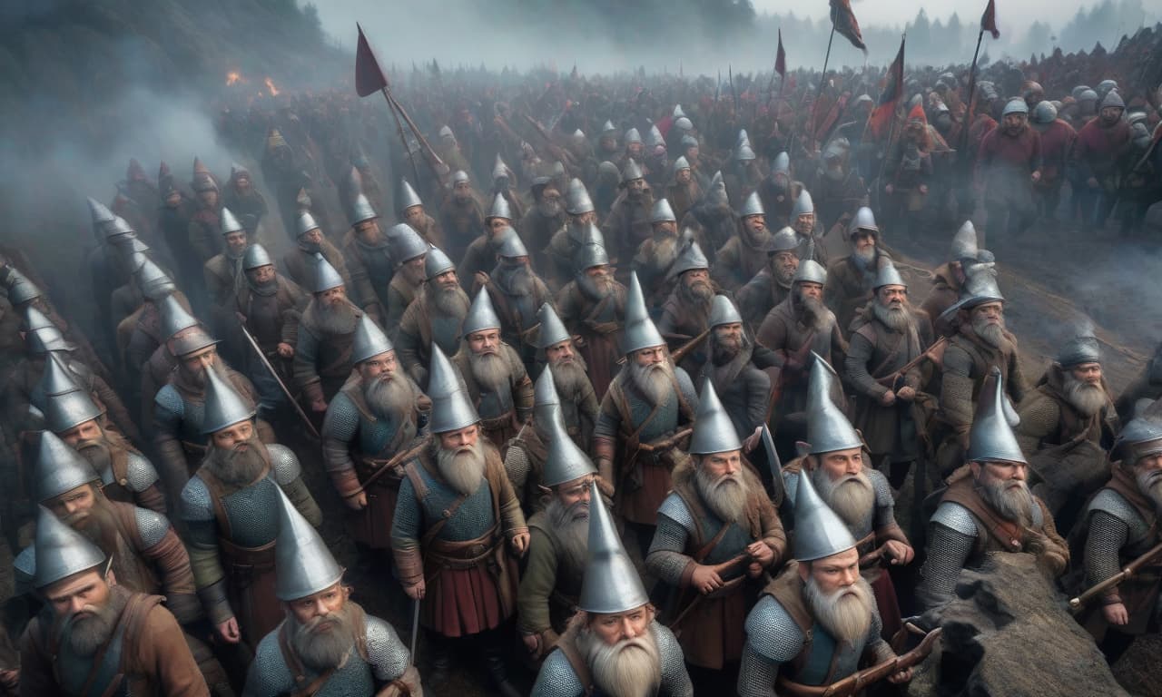  "Middleground of a medieval gnome army marches. View from above. Realism style." hyperrealistic, full body, detailed clothing, highly detailed, cinematic lighting, stunningly beautiful, intricate, sharp focus, f/1. 8, 85mm, (centered image composition), (professionally color graded), ((bright soft diffused light)), volumetric fog, trending on instagram, trending on tumblr, HDR 4K, 8K