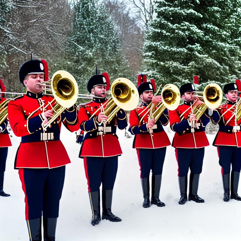  Grenadier Guard playing a trombone in the snow.  Buckingham Palance in the snow with snowmen dressed as guardsmen