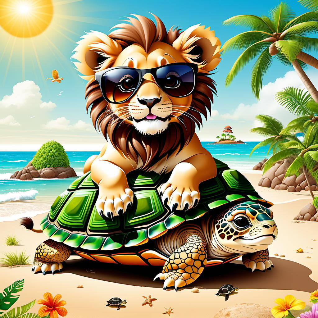  Mandy Disher style, cartoon style, (one cute lion cub and one big turtle:1,5), the lion cub has a thick mane, they are having fun on the beach, the lion cub is sitting on top of a turtle shell, the turtle has a brown shell, the turtle is wearing big sunglasses on his face, they are having fun, carefree life, sun, sea, palm tree