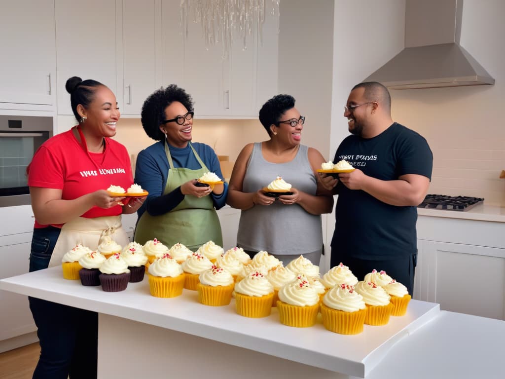  A visually striking and minimalist image of a diverse group of people with various disabilities joyfully and skillfully decorating colorful cupcakes together in a bright, inviting kitchen setting. Each person is focused and engaged, showcasing their unique abilities and creativity in the world of adaptive baking. The image conveys a sense of inclusivity, empowerment, and the therapeutic benefits of adaptive baking for mental health and wellbeing. hyperrealistic, full body, detailed clothing, highly detailed, cinematic lighting, stunningly beautiful, intricate, sharp focus, f/1. 8, 85mm, (centered image composition), (professionally color graded), ((bright soft diffused light)), volumetric fog, trending on instagram, trending on tumblr, HDR 4K, 8K