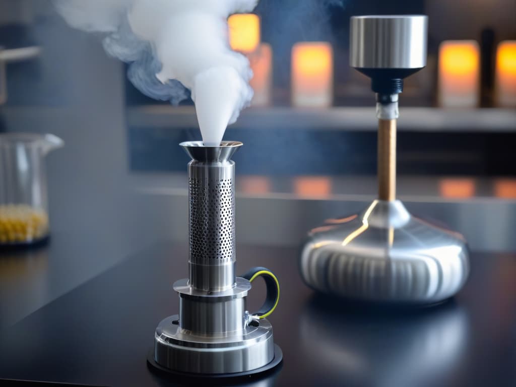  A closeup, ultradetailed photograph of a sleek, stainless steel siphon device, captured against a soft, blurred background to emphasize its elegant design and intricate parts. The siphon is shown in pristine condition, reflecting the surrounding light to highlight its polished surface, with every tiny screw and nozzle sharply in focus, showcasing the craftsmanship and precision engineering of this essential tool for creating delectable foams and textures in culinary creations. hyperrealistic, full body, detailed clothing, highly detailed, cinematic lighting, stunningly beautiful, intricate, sharp focus, f/1. 8, 85mm, (centered image composition), (professionally color graded), ((bright soft diffused light)), volumetric fog, trending on instagram, trending on tumblr, HDR 4K, 8K