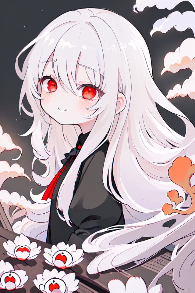  ultra detailed:1.2masterpiece:1.2,best quality,masterpiece,bestquality,hdr:1.1,8k:1.1,very cute girl:1.3,white hair:1.3,very long hair,volume hair:0.7,flare hair:1.2,curly hair:1.4,red eyes,bad mood:1.3,sleepy eyes:1.2,closed mouth:1.3,upper body:1.3,dutch angle,half closed eyes:1.8,sulking:1.6,bored:1.3,upper body:1.1,from side,from above ,grin:0.6,looking viewer