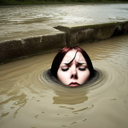  woman's head sinking in the river she looks panic