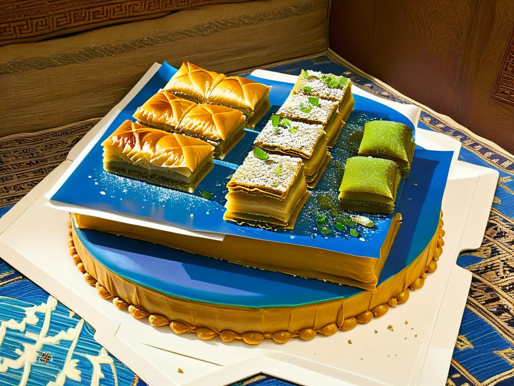  An ultradetailed image of a traditional Turkish baklava, meticulously layered with thin, goldenbrown filo pastry and rich pistachio filling, set against a backdrop of intricate Ottoman ceramic tiles in hues of blue, green, and turquoise, showcasing the fusion of Turkish culinary artistry and cultural aesthetics. hyperrealistic, full body, detailed clothing, highly detailed, cinematic lighting, stunningly beautiful, intricate, sharp focus, f/1. 8, 85mm, (centered image composition), (professionally color graded), ((bright soft diffused light)), volumetric fog, trending on instagram, trending on tumblr, HDR 4K, 8K