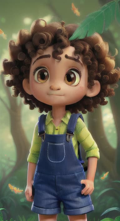  {The tree with a twinkling eye, while its leaves gently rustle., Riley, a curious with big brown eyes and curly hair, wearing overalls and carrying a small backpack. Their friend, Skye, a bluebird with shiny feathers.