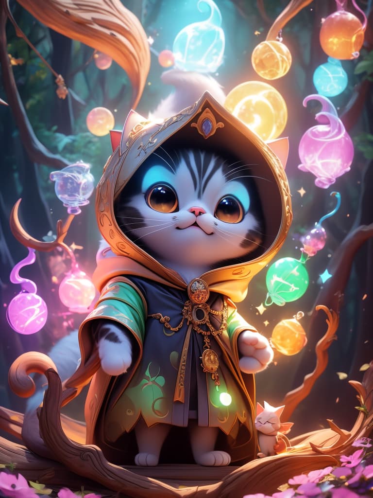  3d cute, A cat in a magic robe, cat, solo,full body, standing,cat ears, looking up, animal ears, animal,dressed like a magician, magical mystic forest background, realistic, 4K