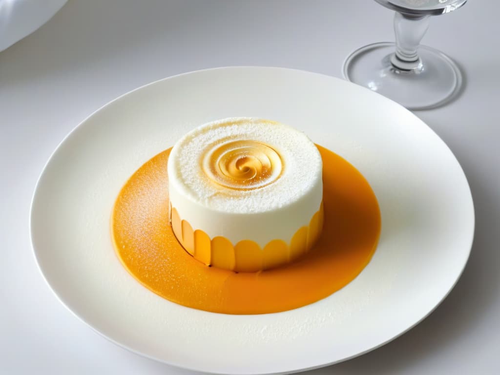  An ultradetailed image of a delicate, intricate swirl of airy foam in a vibrant hue, elegantly topping a rich and indulgent dessert. The foam is light and frothy, with tiny bubbles glistening in the light, showcasing a perfect balance of texture and flavor. The dessert below is artfully presented on a sleek, modern plate, with just a hint of the surrounding environment visible to enhance the minimalist aesthetic. hyperrealistic, full body, detailed clothing, highly detailed, cinematic lighting, stunningly beautiful, intricate, sharp focus, f/1. 8, 85mm, (centered image composition), (professionally color graded), ((bright soft diffused light)), volumetric fog, trending on instagram, trending on tumblr, HDR 4K, 8K