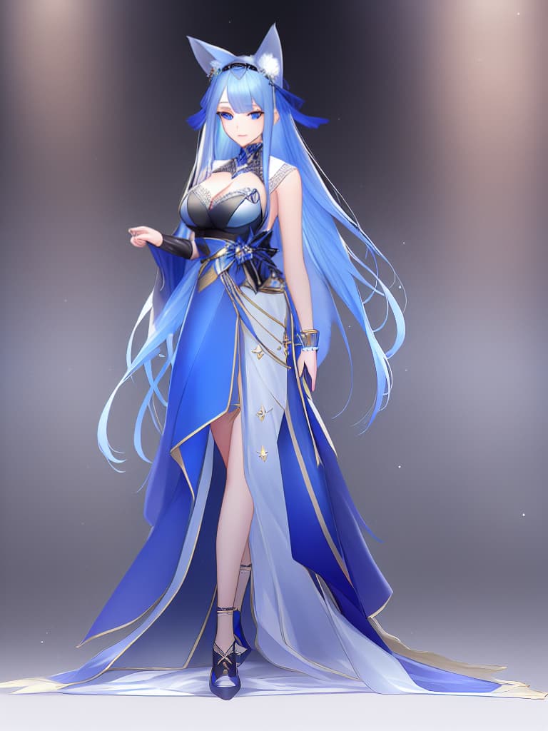  A girl. She has big blue eyes and long blue hair. She's wearing a bell collar. She has cat ears and a cat tail. Her dress is blue and has elements of stars, moon, candy and flowers. She wears a metal armband and leg bracelet. She has the features of a cat. hyperrealistic, full body, detailed clothing, highly detailed, cinematic lighting, stunningly beautiful, intricate, sharp focus, f/1. 8, 85mm, (centered image composition), (professionally color graded), ((bright soft diffused light)), volumetric fog, trending on instagram, trending on tumblr, HDR 4K, 8K