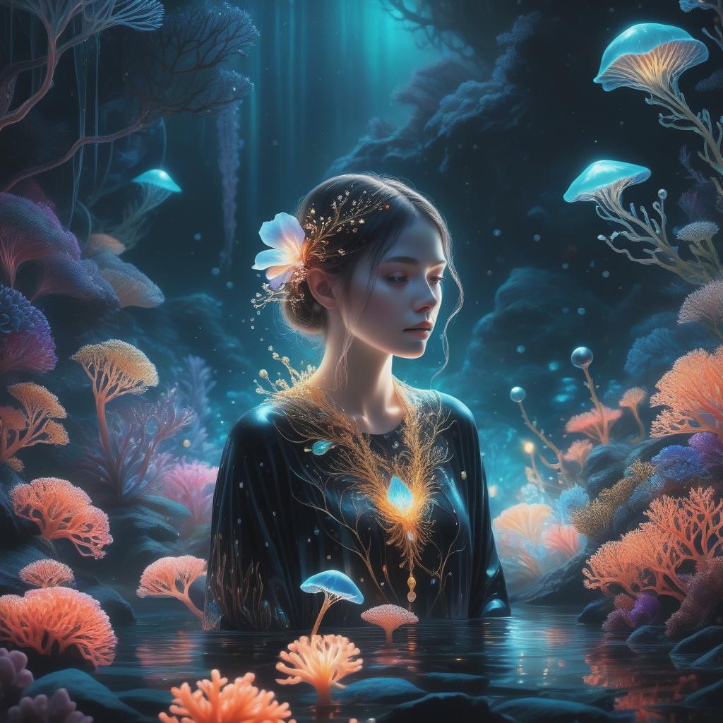  photo RAW,HD,8K, (Ultra detailed illustration of a person lost in a magical world of wonders, glowy, bioluminescent flora, incredibly detailed, pastel colors, art by Mschiffer, night, bioluminescence, ultrarealistic, hyperrealistice, hyperdetailed: shiny aura, highly detailed, black pearls, gold and coral filigree, intricate motifs, organic tracery, Kiernan Shipka, Januz Miralles, Hikari Shimoda, glowing stardust by W. Zelmer, perfect composition, smooth, sharp focus, sparkling particles, lively coral reef colored background Realistic, realism, hd, 35mm photograph, 8k), masterpiece, award winning photography, natural light, perfect composition, high detail, hyper realistic, add depth, water background, (Hyperdetailed,hyper realistic backgro hyperrealistic, full body, detailed clothing, highly detailed, cinematic lighting, stunningly beautiful, intricate, sharp focus, f/1. 8, 85mm, (centered image composition), (professionally color graded), ((bright soft diffused light)), volumetric fog, trending on instagram, trending on tumblr, HDR 4K, 8K