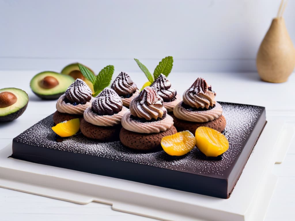  An 8k ultradetailed image of a beautifully arranged platter of assorted paleo desserts, including chocolate avocado mousse, almond flour brownies, and coconut macaroons, garnished with fresh berries and mint leaves, all set on a sleek, modern matte black plate against a simple, elegant white background. hyperrealistic, full body, detailed clothing, highly detailed, cinematic lighting, stunningly beautiful, intricate, sharp focus, f/1. 8, 85mm, (centered image composition), (professionally color graded), ((bright soft diffused light)), volumetric fog, trending on instagram, trending on tumblr, HDR 4K, 8K