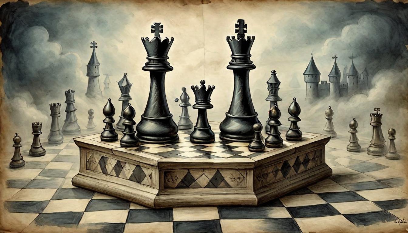  on parchment, surrealism+++, A chessboard where the king is toppling under the force of a pawn's strike, symbolizing the challenge to the status quo, challenge, upheaval, empowerment(mysterious, provocative, symbolic,muted color)+++