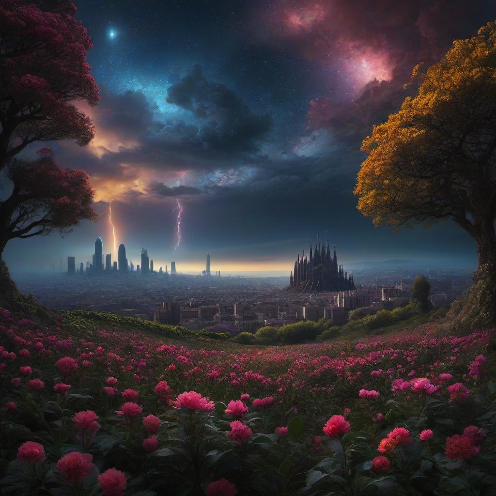  (stylized by Tomasz Alen Kopera:1.3) , dark art, dense flower field and Perseid meteor in background, landscape of a (Barcelona:1.2) , very Bizarre and 1600'S, Hurricane, Glitchcore, Amaro, layered textures, ornate, intricate artistic color, complimentary colors, very inspirational, atmosphere, fine artistic composition, sunny, theatrical hyperrealistic, full body, detailed clothing, highly detailed, cinematic lighting, stunningly beautiful, intricate, sharp focus, f/1. 8, 85mm, (centered image composition), (professionally color graded), ((bright soft diffused light)), volumetric fog, trending on instagram, trending on tumblr, HDR 4K, 8K