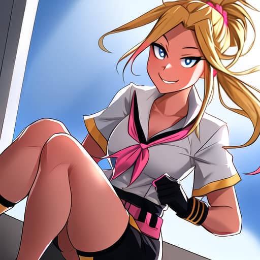  "my hero academia" a of all might, with somewhat tanned skin, golden hair tied with a pink ponytail, light and bright blue eyes and a proud and happy smile with somewhat pink cheeks, and has the UA uniform with black gloves hyperrealistic, full body, detailed clothing, highly detailed, cinematic lighting, stunningly beautiful, intricate, sharp focus, f/1. 8, 85mm, (centered image composition), (professionally color graded), ((bright soft diffused light)), volumetric fog, trending on instagram, trending on tumblr, HDR 4K, 8K