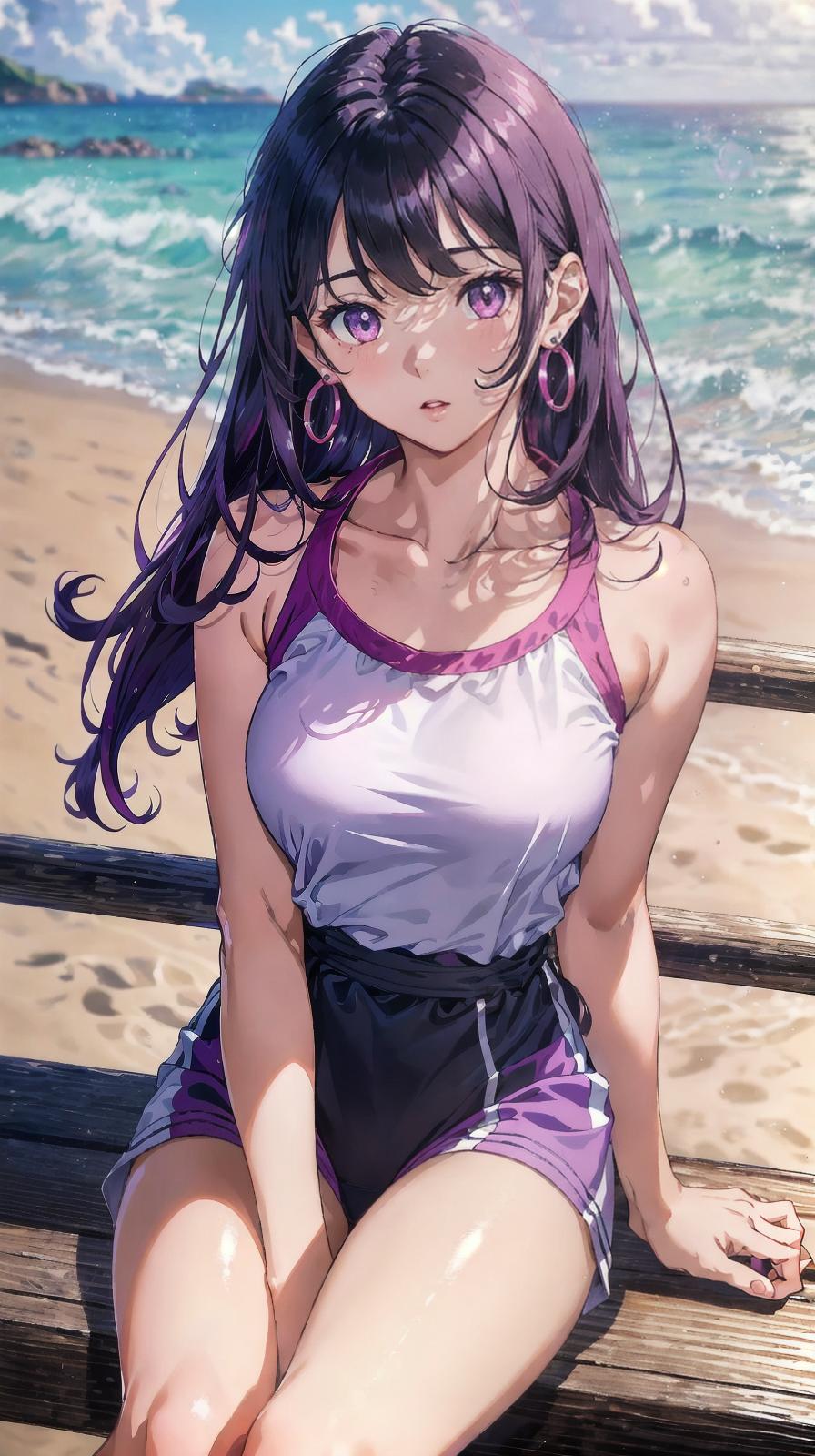  master piece , best quality,Evening seaside JK, black hair, hair inner color vivid pink, medium hair, light purple eyes, seductive upward glance, slightly red cheeks, thin earrings, sitting in gym, white thin clothes, thin clothing, beautiful collarbone