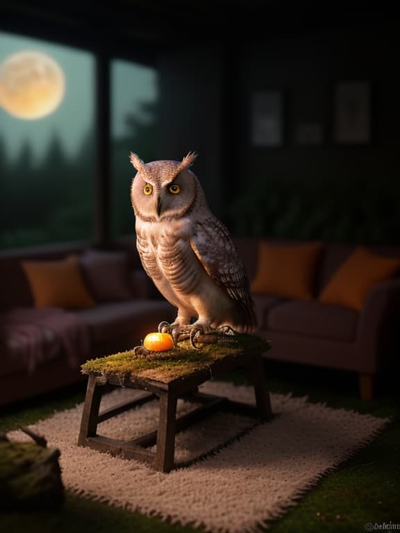  A wise old owl perches atop a mossy tree branch, its feathers ruffled by the gentle breeze as it gazes at the shimmering moonlight filtering through the dense forest canopy. The sky transforms into a breathtaking display of oranges, pinks, and reds as the sun sets, casting a warm glow over the forest floor. The owl watches in awe as the colors fade into the darkness, its eyes fixed on the horizon, as the full moon bathes the landscape in a soft, ethereal glow.