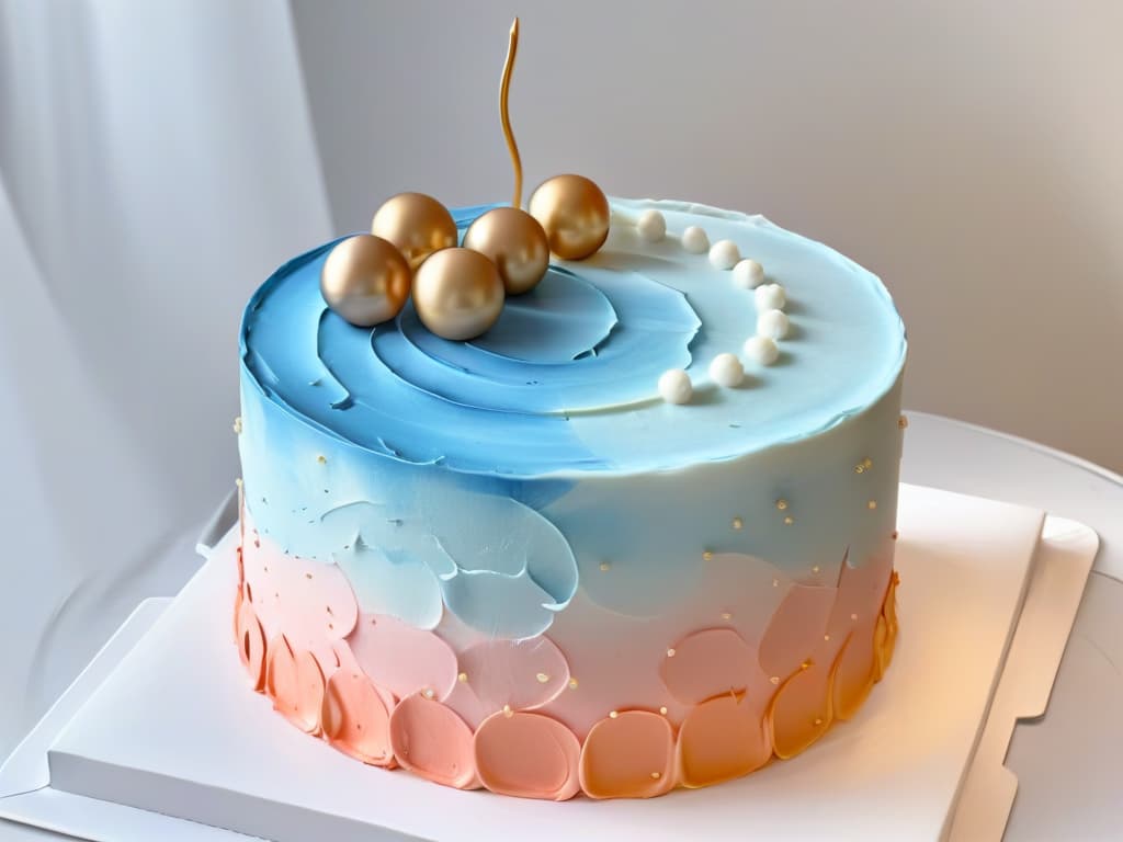  An ultradetailed, 8k image of a sleek, minimalistic cake decorated with geometric patterns in shades of pastel pink, blue, and gold. The cake is perfectly smooth, with intricate details such as metallic accents and precise lines creating a modern and elegant design. The lighting is soft, highlighting the flawless craftsmanship and innovative style of the cake decoration, making it a visually striking example of global cake decorating trends. hyperrealistic, full body, detailed clothing, highly detailed, cinematic lighting, stunningly beautiful, intricate, sharp focus, f/1. 8, 85mm, (centered image composition), (professionally color graded), ((bright soft diffused light)), volumetric fog, trending on instagram, trending on tumblr, HDR 4K, 8K