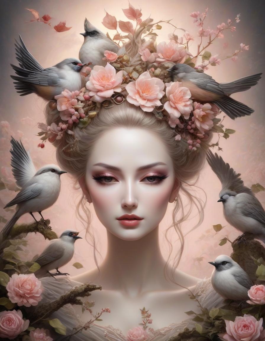  Beautiful woman in three quarter view with a pale white face, soft pink blush, black eyelashes and an intricate, airy hairstyle with birds, berries and leaves in her hair, in the style of Leusch, Emily Balivet, dark beige background, detailed composition, detailed portrait , symmetrical, in the style of art. Giger and Nicoletta Ceccoli, in the style of Yoshitaka Amano, Natalia Rak and in the style of Thomas Kinkade, in the anime style, in the surreal style of Steve Sack hyperrealistic, full body, detailed clothing, highly detailed, cinematic lighting, stunningly beautiful, intricate, sharp focus, f/1. 8, 85mm, (centered image composition), (professionally color graded), ((bright soft diffused light)), volumetric fog, trending on instagram, trending on tumblr, HDR 4K, 8K