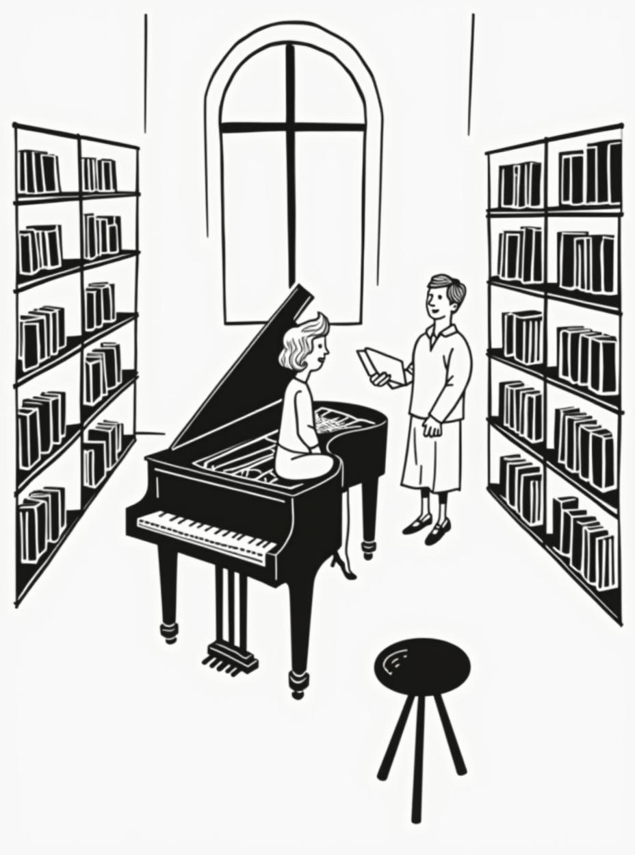  good quality, high quality, minimal, vector illustration, only use black lines, no colors, music conservatory room with a piano, bookshelf, sheet music, teacher sitting on the piano, student reciting song standing by the piano