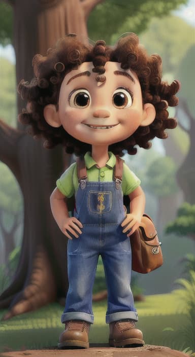  {The tree with a smiling face formed by its bark, looking down at Riley., Riley, a curious with big brown eyes and curly hair, wearing overalls and carrying a small backpack. Their friend, Skye, a bluebird with shiny feathers.