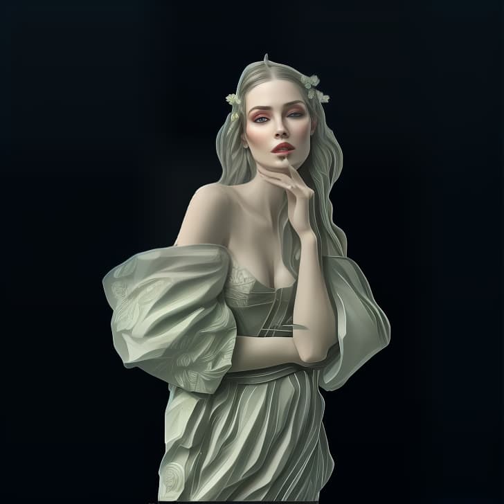 mdjrny-v4 style Create a Fantasy style avatar of a female Elf. The character should have long, flowing silver hair adorned with delicate flowers. Her eyes should be almond shaped and bright green. She should wear an elegant, fitted tunic with intricate leaf patterns and embroidery. Her ears should be pointed and prominent, visible from behind the hair, a defining feature of Elves. She should have a graceful and slender build, with pale, smooth skin. The background should feature an enchanted forest with tall, ancient trees and dappled sunlight filtering through the leaves.