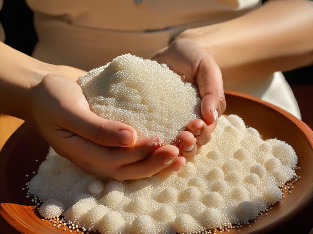  A closeup, ultradetailed image of a hand elegantly sifting small, round tapioca pearls through fingers, against a soft, blurred background of a wooden kitchen counter. The tapioca pearls are pure white and glistening, catching the light to showcase their smooth texture. The hand is slender and adorned with delicate gold rings, adding a touch of elegance to the scene. The overall aesthetic is minimalistic, focusing on the beauty and simplicity of the tapioca pearls themselves. hyperrealistic, full body, detailed clothing, highly detailed, cinematic lighting, stunningly beautiful, intricate, sharp focus, f/1. 8, 85mm, (centered image composition), (professionally color graded), ((bright soft diffused light)), volumetric fog, trending on instagram, trending on tumblr, HDR 4K, 8K