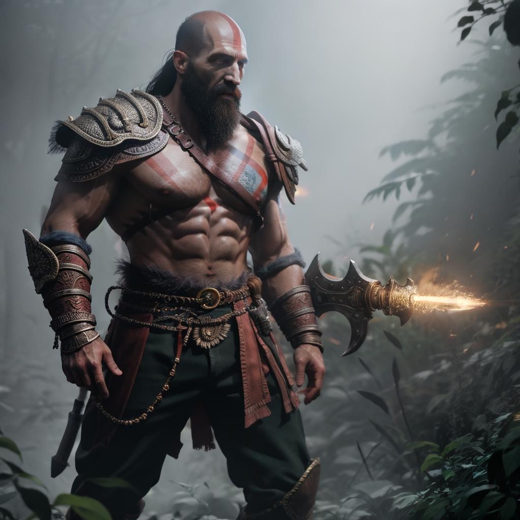  God of war hyperrealistic, full body, detailed clothing, highly detailed, cinematic lighting, stunningly beautiful, intricate, sharp focus, f/1. 8, 85mm, (centered image composition), (professionally color graded), ((bright soft diffused light)), volumetric fog, trending on instagram, trending on tumblr, HDR 4K, 8K