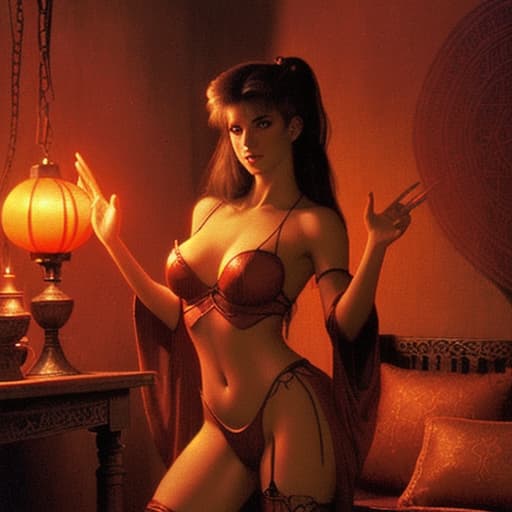  80's fantasy art, A seductive woman standing in a dimly lit room in a medieval brothel, with soft red lantern light casting shadows. She wears revealing attire, beckoning someone with a sultry look. The room has cushions and tapestries scattered around, creating an intimate atmosphere.