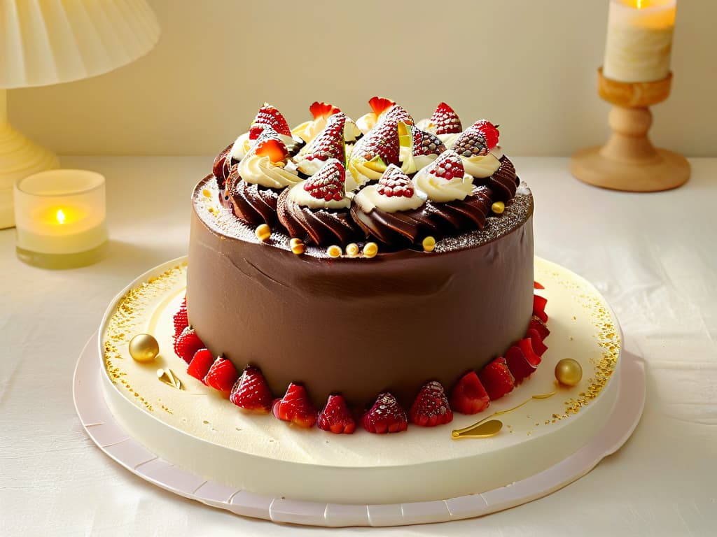  A photorealistic image of a luxurious chocolate cake topped with delicate swirls of macainfused cream, surrounded by fresh raspberries and dusted with edible gold flakes. The cake sits on a pristine white marble cake stand, with a backdrop of lush green Andean mountains blurred in the background, under a soft golden hour light casting a warm glow over the scene. The details of the chocolate ganache drip down the sides of the cake, and the vibrant red of the raspberries pops against the rich brown tones of the dessert. hyperrealistic, full body, detailed clothing, highly detailed, cinematic lighting, stunningly beautiful, intricate, sharp focus, f/1. 8, 85mm, (centered image composition), (professionally color graded), ((bright soft diffused light)), volumetric fog, trending on instagram, trending on tumblr, HDR 4K, 8K