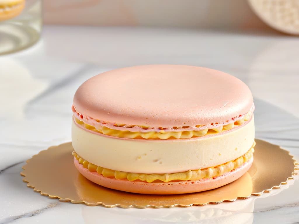  A closeup, ultradetailed image of a single elegant macaron placed delicately on a marble countertop. The macaron is perfectly round with a smooth, glossy surface, showcasing a gradient of pastel pink and gold hues. Tiny edible gold flakes adorn the top, catching the light to create a mesmerizing shimmer. The background is a soft focus, highlighting the intricate details and luxurious simplicity of this exquisite dessert. hyperrealistic, full body, detailed clothing, highly detailed, cinematic lighting, stunningly beautiful, intricate, sharp focus, f/1. 8, 85mm, (centered image composition), (professionally color graded), ((bright soft diffused light)), volumetric fog, trending on instagram, trending on tumblr, HDR 4K, 8K