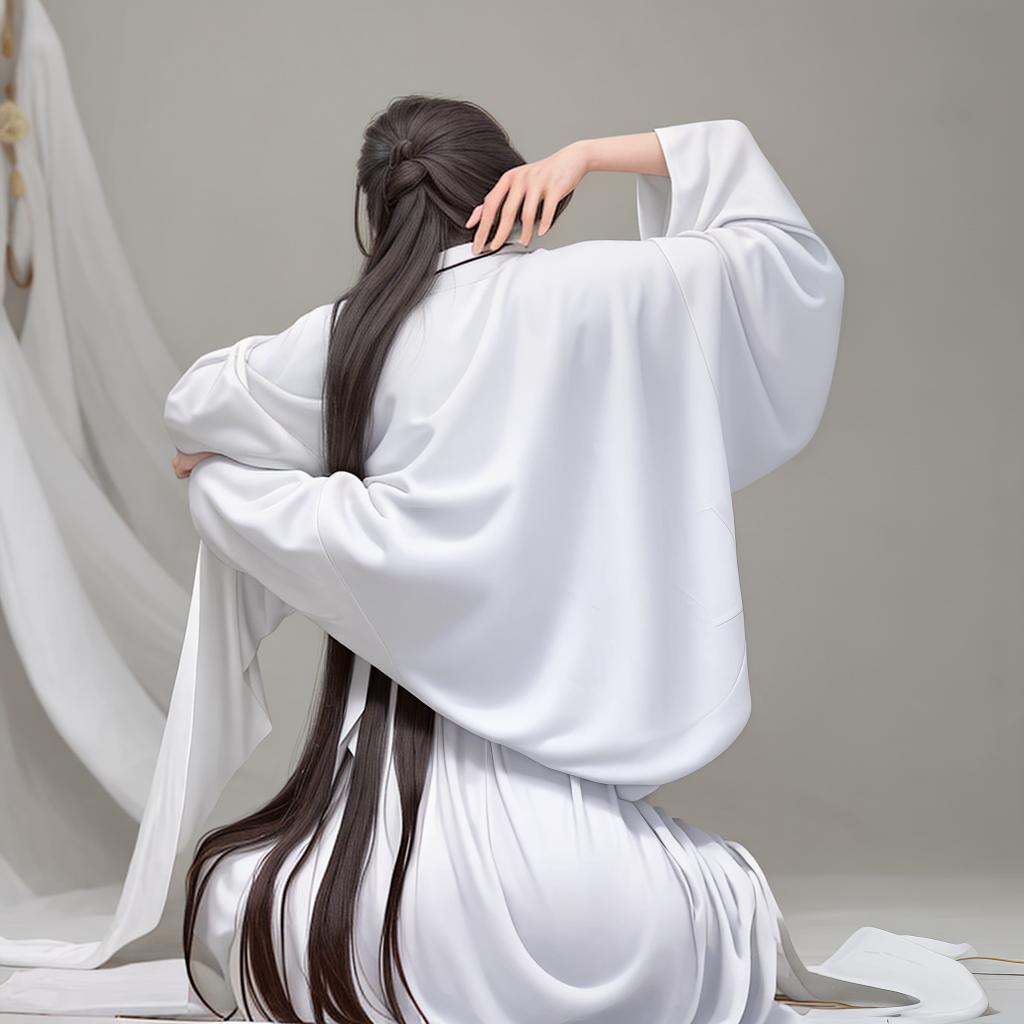  A long-haired man in a white robe meditates with his back to him