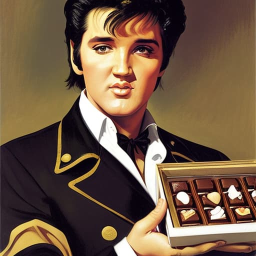  Elvis Presley holding an open box of fine chocolates. Painted in the style of Édouard Manet