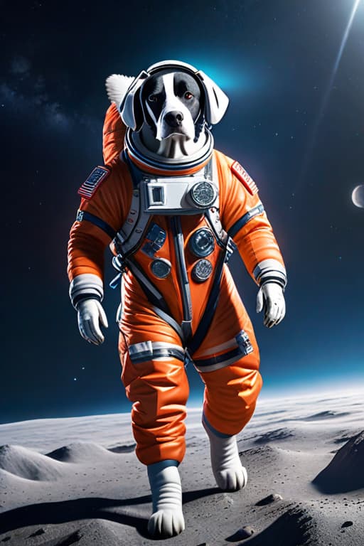  Dalmatian dog in space suit take parachute to the moon , 8K hyperrealistic, full body, detailed clothing, highly detailed, cinematic lighting, stunningly beautiful, intricate, sharp focus, f/1. 8, 85mm, (centered image composition), (professionally color graded), ((bright soft diffused light)), volumetric fog, trending on instagram, trending on tumblr, HDR 4K, 8K