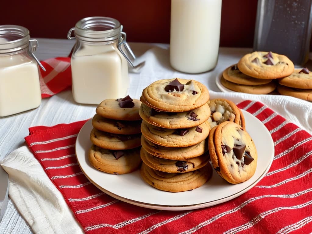  An ultradetailed image of a plate of freshly baked chocolate chip cookies, perfectly golden brown with chunks of chocolate oozing out, placed on a rustic wooden table. The cookies are arranged artfully with a vintage milk bottle and a red and white striped cloth napkin next to it. The lighting is soft, casting a warm glow over the scene, creating a cozy and inviting atmosphere. hyperrealistic, full body, detailed clothing, highly detailed, cinematic lighting, stunningly beautiful, intricate, sharp focus, f/1. 8, 85mm, (centered image composition), (professionally color graded), ((bright soft diffused light)), volumetric fog, trending on instagram, trending on tumblr, HDR 4K, 8K