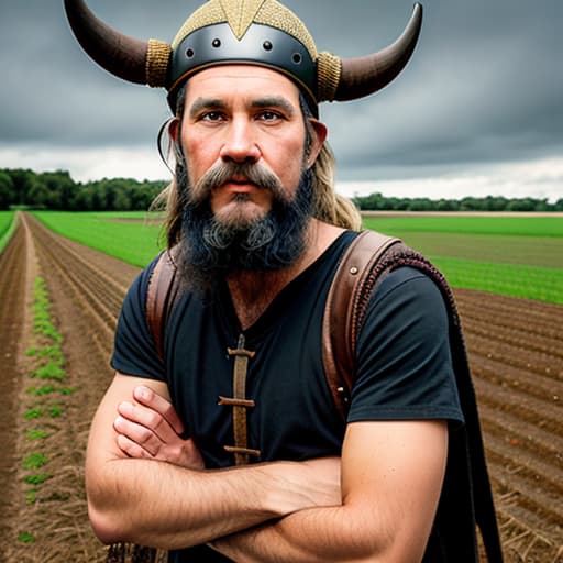  alvin the older-young poor-but-honest-farmer a skinny older-young good looking viking with A bald head a carly black mustache a pontie black chin beard with A viking helmet with horns on it