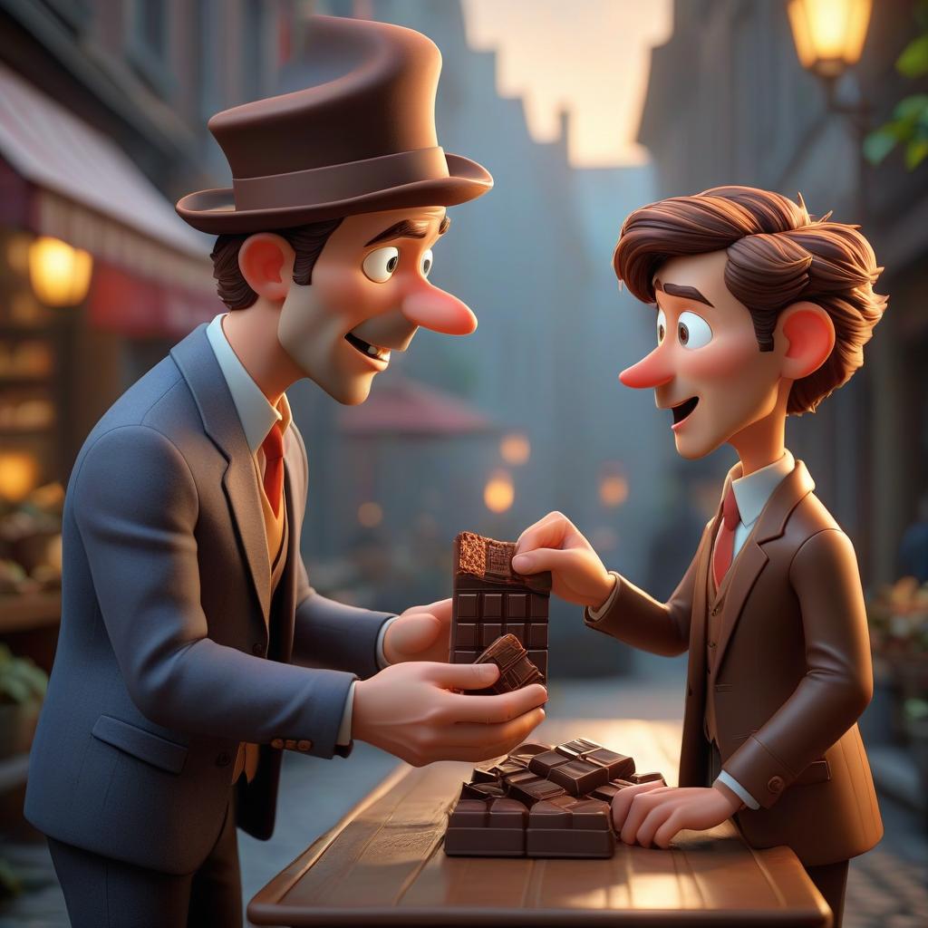  professional 3d model A 3D cartoon man hands a chocolate to a man to try. . octane render, highly detailed, volumetric, dramatic lighting hyperrealistic, full body, detailed clothing, highly detailed, cinematic lighting, stunningly beautiful, intricate, sharp focus, f/1. 8, 85mm, (centered image composition), (professionally color graded), ((bright soft diffused light)), volumetric fog, trending on instagram, trending on tumblr, HDR 4K, 8K