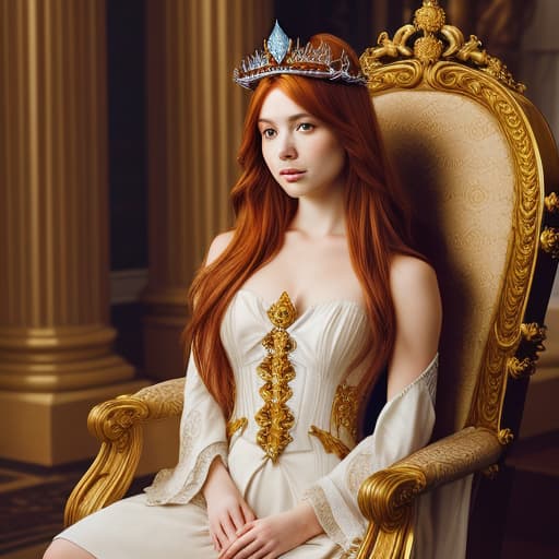  Portrait of a beautiful auburn - haired woman with a guilded crown sitting on a throne with heightened detail