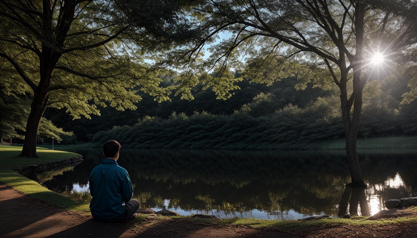  cinematic, aesthetic, A person meditating in a serene park, soft light, mindfulness, pause, peaceful reflection, 4k, HDR, lens flare