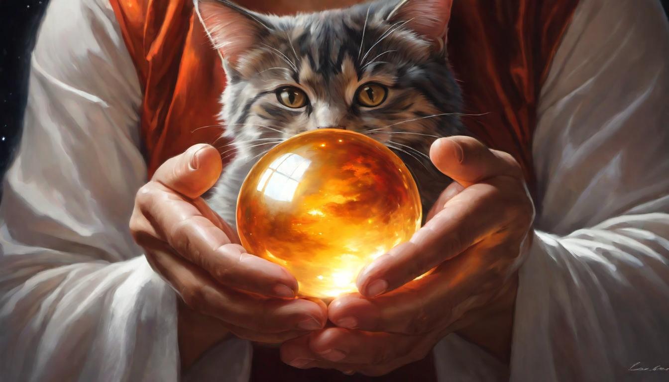  digital painting of Two hands (avoided as main subject) cupping a small, radiant orb, reflecting a cat's face, bond of reverence, glowing warmth, a symbol of mutual respect and understanding, nurturing light looking at viewer, dynamic pose, (intricate details, masterpiece, best quality)