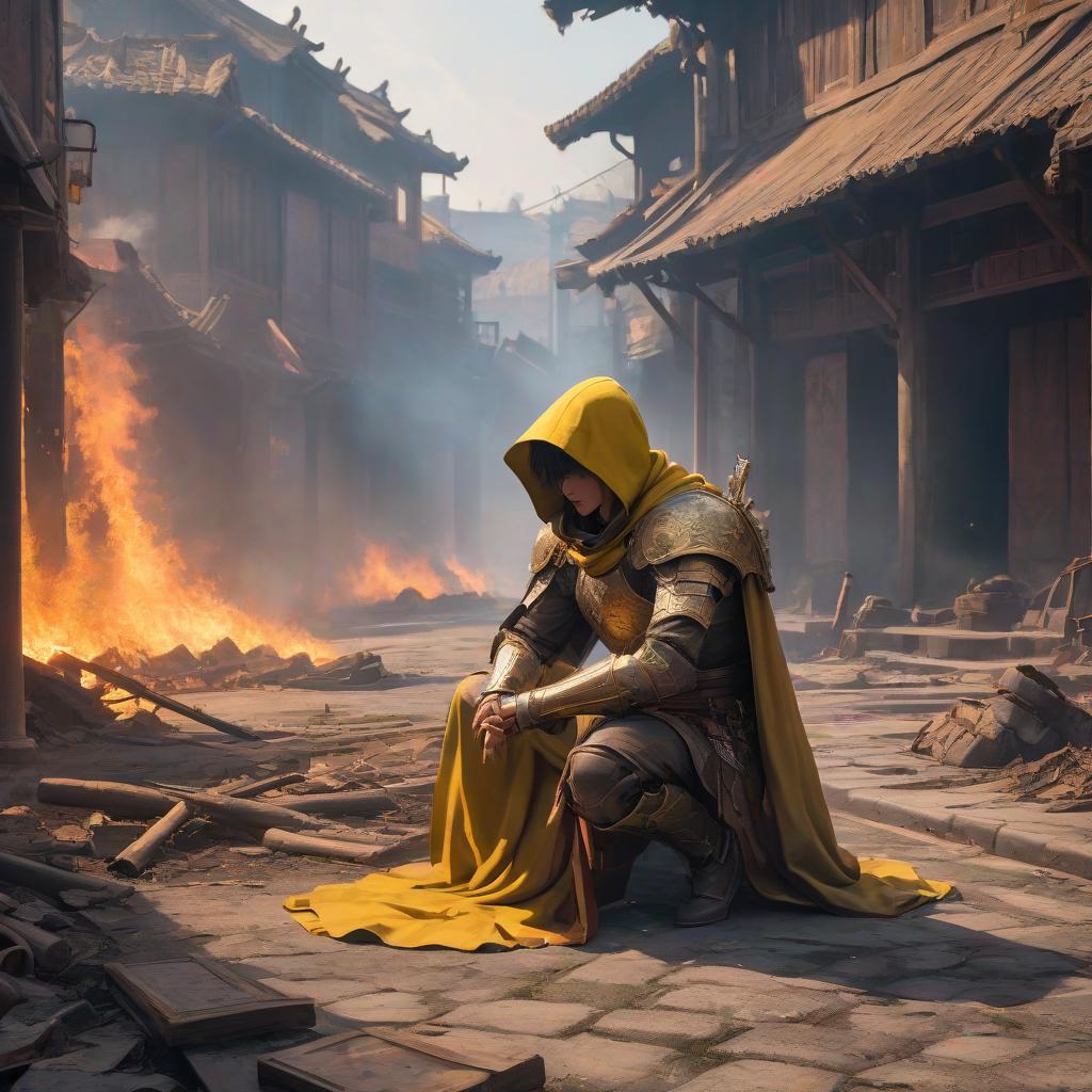  A young man kneels with his back to the ground, covered in a yellow brown cuirass and a tattered hood, his armor stained with blood. Behind him, a wooden city burns, smoke and fire rising towards the sky. [翻译:一个年轻的男人蹲在地上，背对着地面，身上穿着脏黄色的盔甲和破损的帽子，他的盔甲沾满了血。他背后的是一个简单的木业居民。] hyperrealistic, full body, detailed clothing, highly detailed, cinematic lighting, stunningly beautiful, intricate, sharp focus, f/1. 8, 85mm, (centered image composition), (professionally color graded), ((bright soft diffused light)), volumetric fog, trending on instagram, trending on tumblr, HDR 4K, 8K