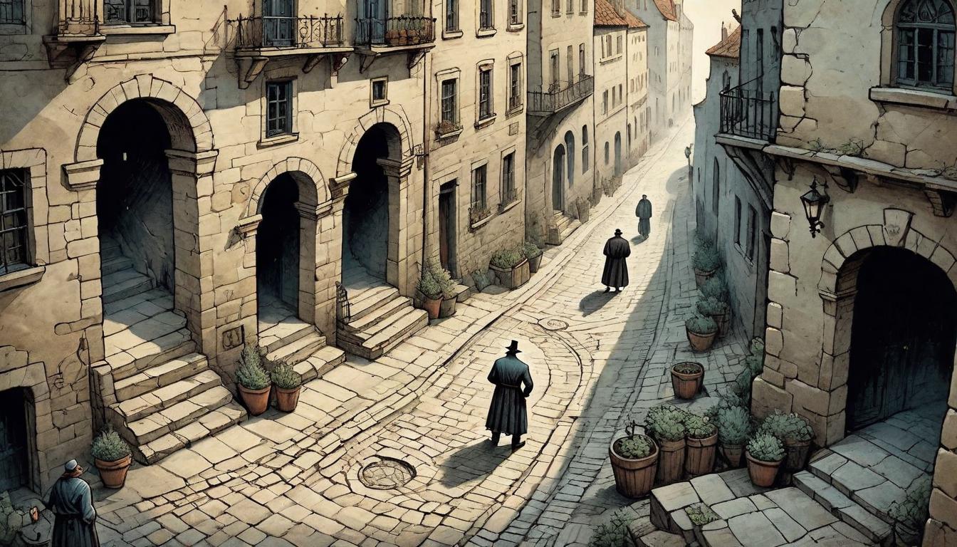  on parchment, surrealism+++, An alleyway viewed from above, dividing paths, one figure on each path, representing adversaries, choice, divergence amidst convergence, stone cobbled paths suggesting age old conflicts, surrounding buildings cast long shadows(mysterious, provocative, symbolic,muted color)+++