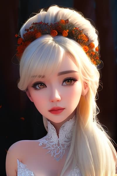  Beautiful fall fairy, white eyes, long flowing hair, falling leaves, pumpkins hyperrealistic, full body, detailed clothing, highly detailed, cinematic lighting, stunningly beautiful, intricate, sharp focus, f/1. 8, 85mm, (centered image composition), (professionally color graded), ((bright soft diffused light)), volumetric fog, trending on instagram, trending on tumblr, HDR 4K, 8K