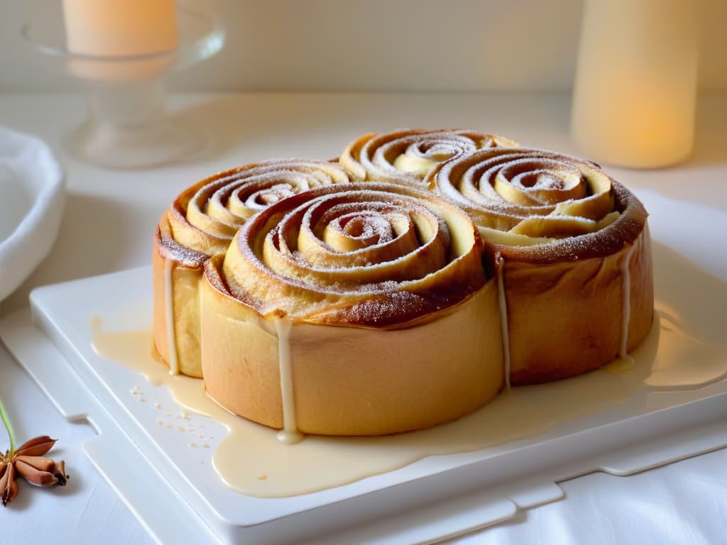  An ultradetailed image of a goldenbrown cinnamon and apple roll, freshly baked and glistening with a light drizzle of glaze. The roll is delicately placed on a sleek, modern plate with a subtle floral motif in the background, capturing the essence of spring while highlighting the delicious combination of cinnamon and apple flavors. hyperrealistic, full body, detailed clothing, highly detailed, cinematic lighting, stunningly beautiful, intricate, sharp focus, f/1. 8, 85mm, (centered image composition), (professionally color graded), ((bright soft diffused light)), volumetric fog, trending on instagram, trending on tumblr, HDR 4K, 8K