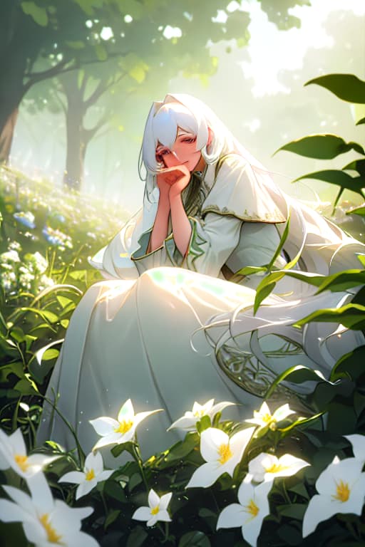  (masterpiece, best quality),1girl with long white hair sitting in a field of green plants and flowers, her hand under her chin, warm lighting, white dress, blurry foreground hyperrealistic, full body, detailed clothing, highly detailed, cinematic lighting, stunningly beautiful, intricate, sharp focus, f/1. 8, 85mm, (centered image composition), (professionally color graded), ((bright soft diffused light)), volumetric fog, trending on instagram, trending on tumblr, HDR 4K, 8K