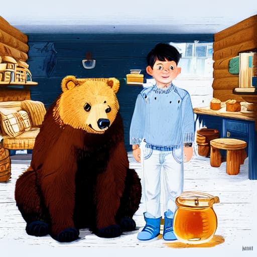  a boy with black short hair, white shirt, blue jeans is standing, the bear is sitting and eating honey, in a dimly lit cabin.