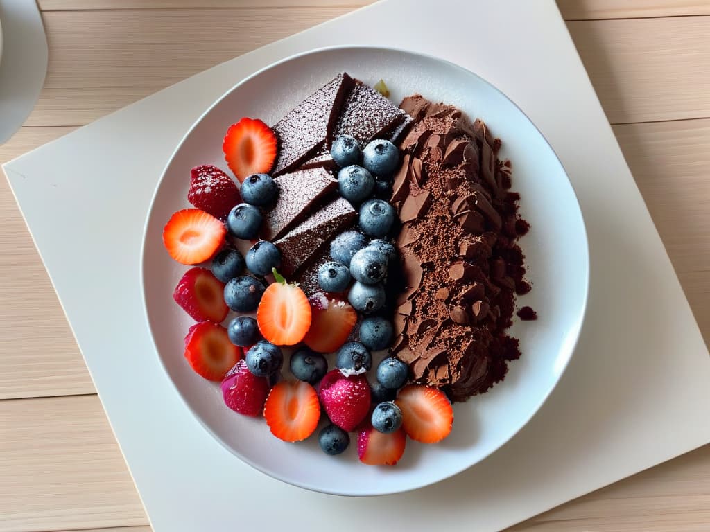  An ultrahighresolution image of a decadent chocolate avocado mousse topped with vibrant mixed berries arranged meticulously on a sleek, white ceramic plate. The mousse is elegantly dusted with raw cacao powder, and the berries glisten with freshness under soft, natural lighting, showcasing the richness of the dessert and the beauty of the superfood ingredients. hyperrealistic, full body, detailed clothing, highly detailed, cinematic lighting, stunningly beautiful, intricate, sharp focus, f/1. 8, 85mm, (centered image composition), (professionally color graded), ((bright soft diffused light)), volumetric fog, trending on instagram, trending on tumblr, HDR 4K, 8K