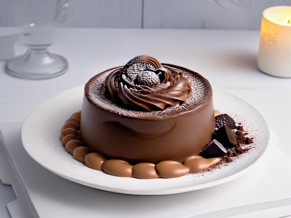  A closeup, ultradetailed image of a rich, velvety chocolate mousse in a pristine white ceramic bowl, garnished with a single delicate curl of dark chocolate and a dusting of cocoa powder. The mousse is perfectly smooth with a glossy sheen, inviting the viewer to indulge in its decadent texture and rich flavor. The minimalistic presentation highlights the elegance and sophistication of this classic dessert, evoking a sense of culinary artistry and timeless indulgence. hyperrealistic, full body, detailed clothing, highly detailed, cinematic lighting, stunningly beautiful, intricate, sharp focus, f/1. 8, 85mm, (centered image composition), (professionally color graded), ((bright soft diffused light)), volumetric fog, trending on instagram, trending on tumblr, HDR 4K, 8K